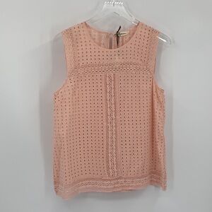 Laffaire sleeveless cotton eyelet tank shirt top blouse peach crochet lace new M